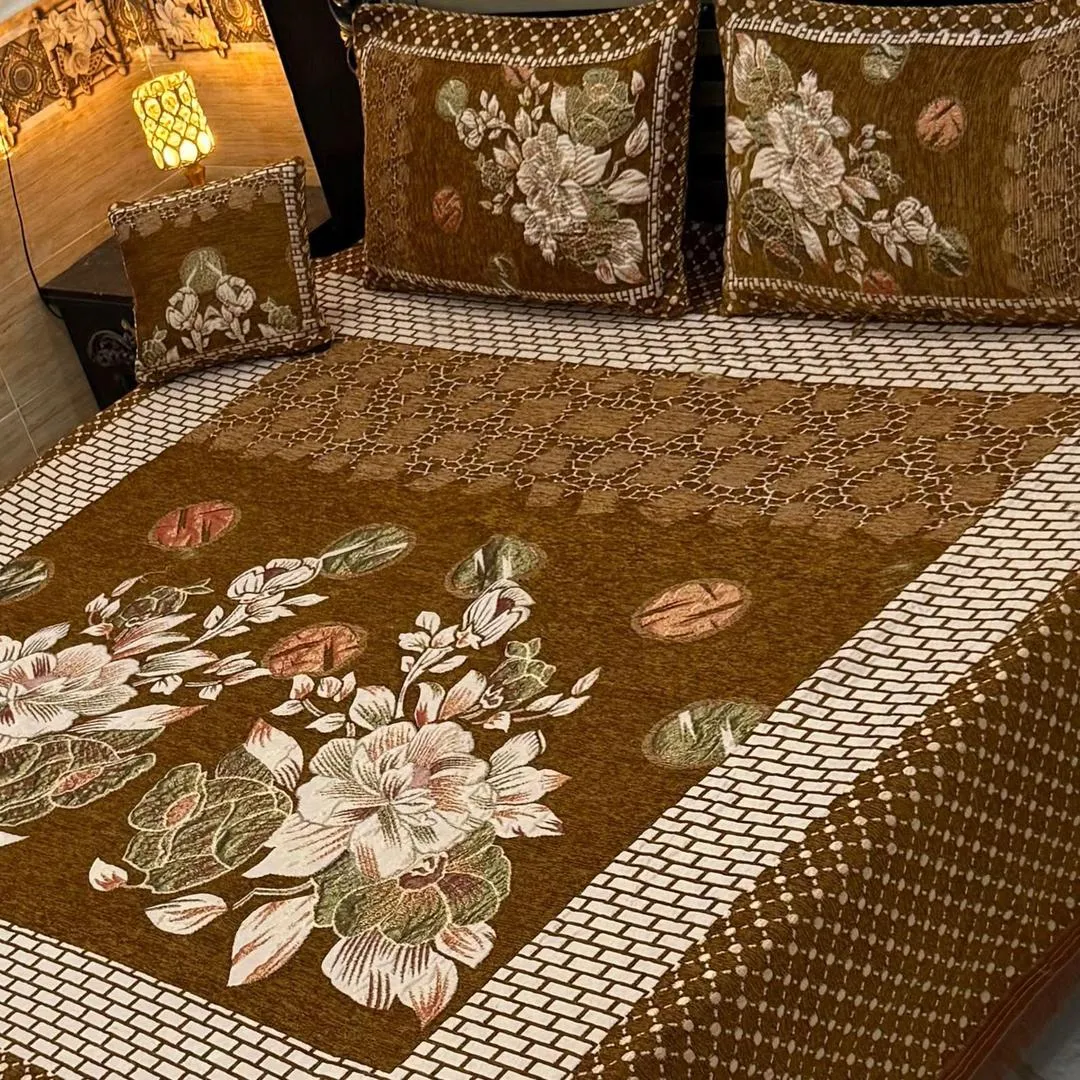 4 Pcs Velvet Jacquard Embroidered Double Bedsheet