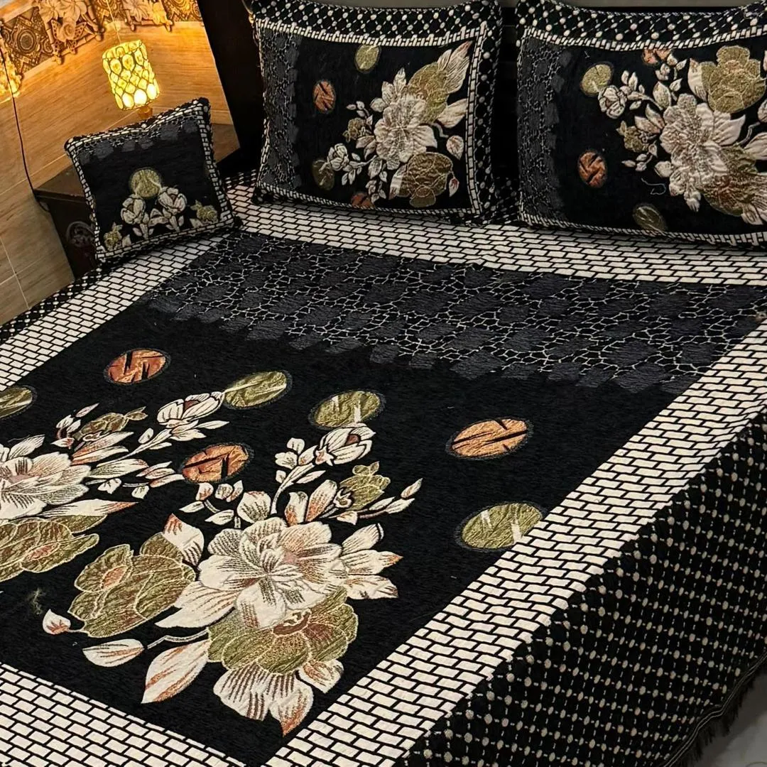 4 Pcs Velvet Jacquard Embroidered Double Bedsheet