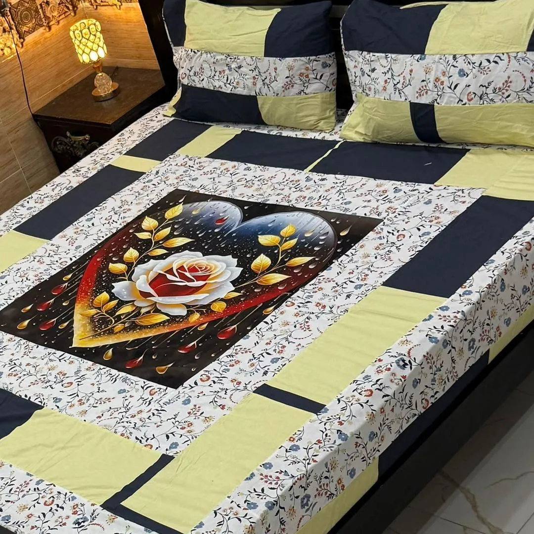 3 Pcs Cotton Patchwork Double Bedsheet