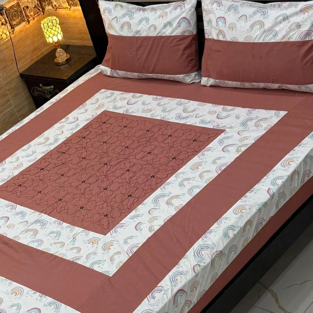 3 Pcs Cotton Patchwork Double Bedsheet