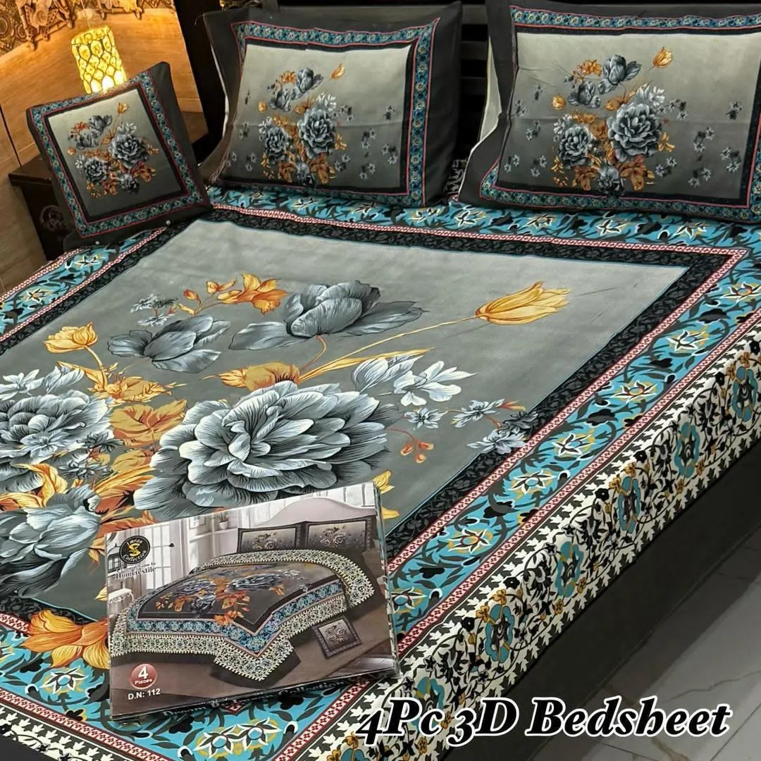 4 Pcs Crystal Cotton Printed Double Bedsheet
