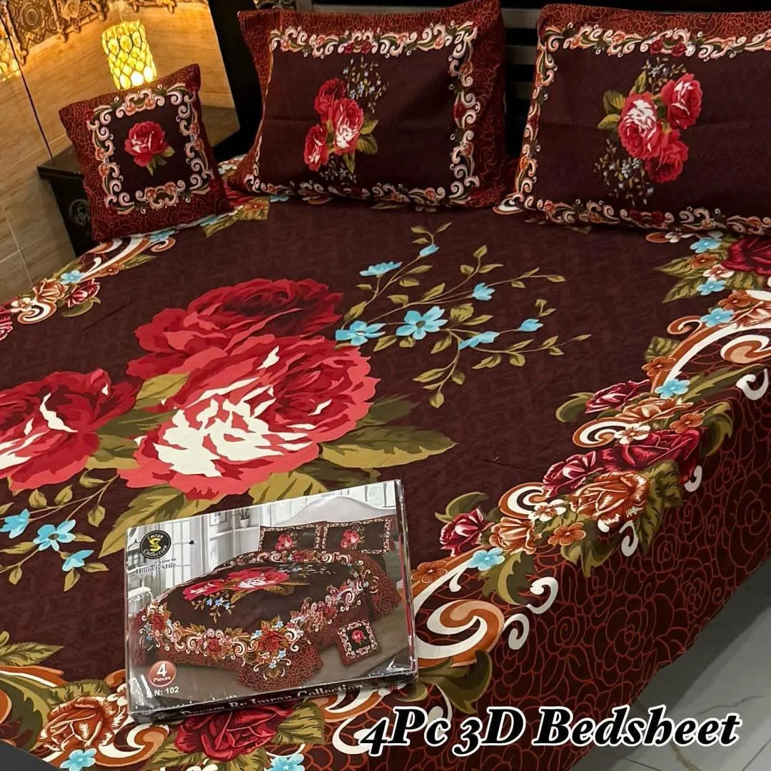 4 Pcs Crystal Cotton Printed Double Bedsheet