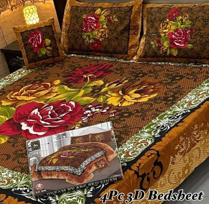 4 Pcs Crystal Cotton Printed Double Bedsheet