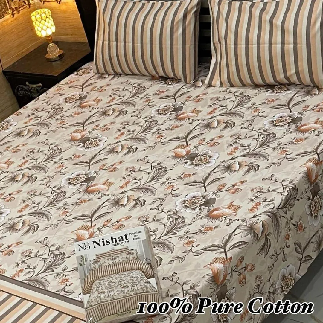 3 Pcs Cotton Printed Double Bedsheet