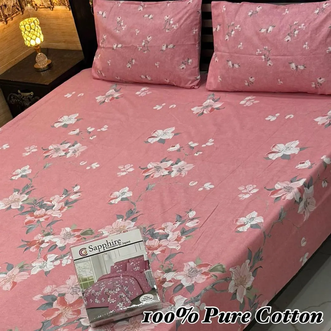 3 Pcs Cotton Printed Double Bedsheet