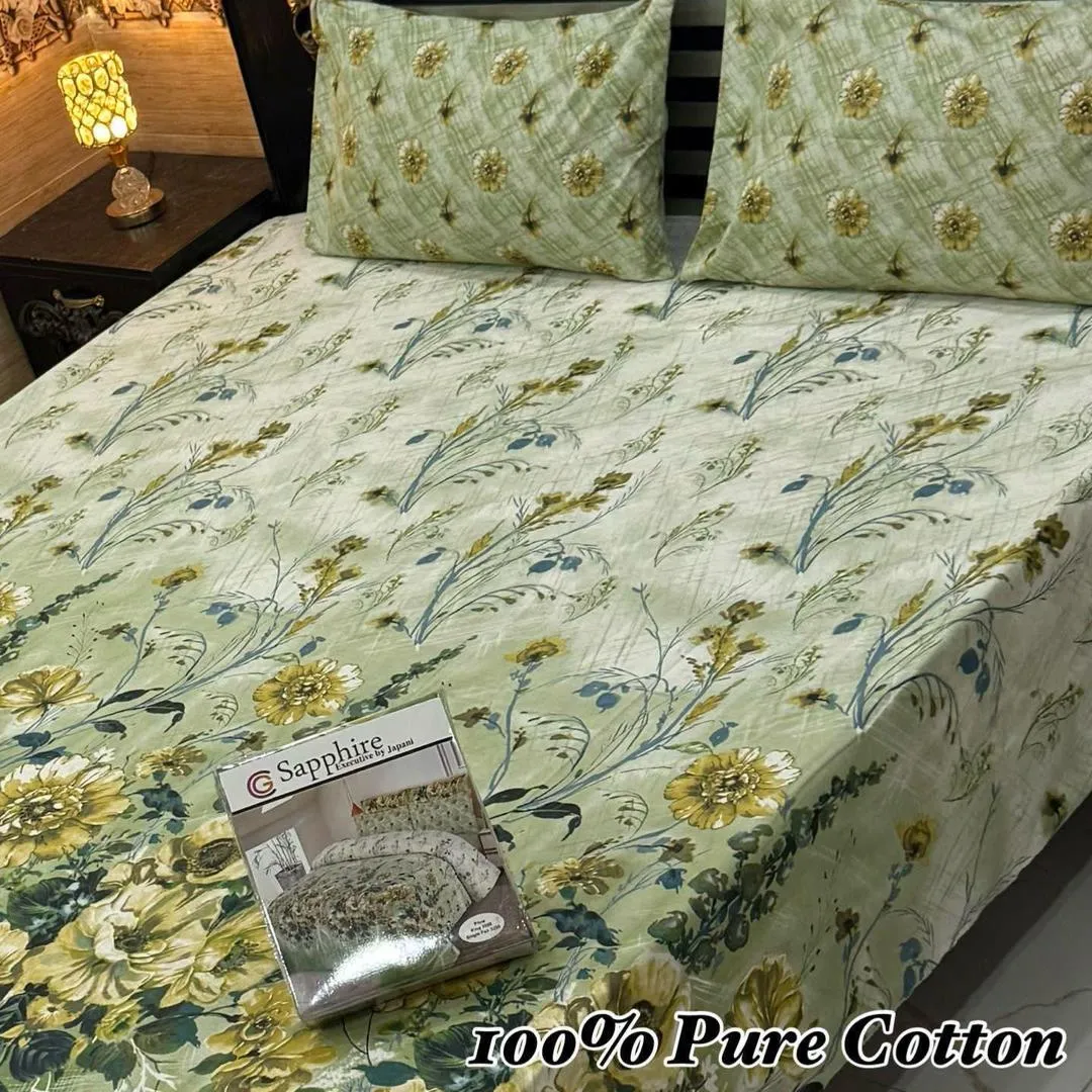 3 Pcs Cotton Printed Double Bedsheet