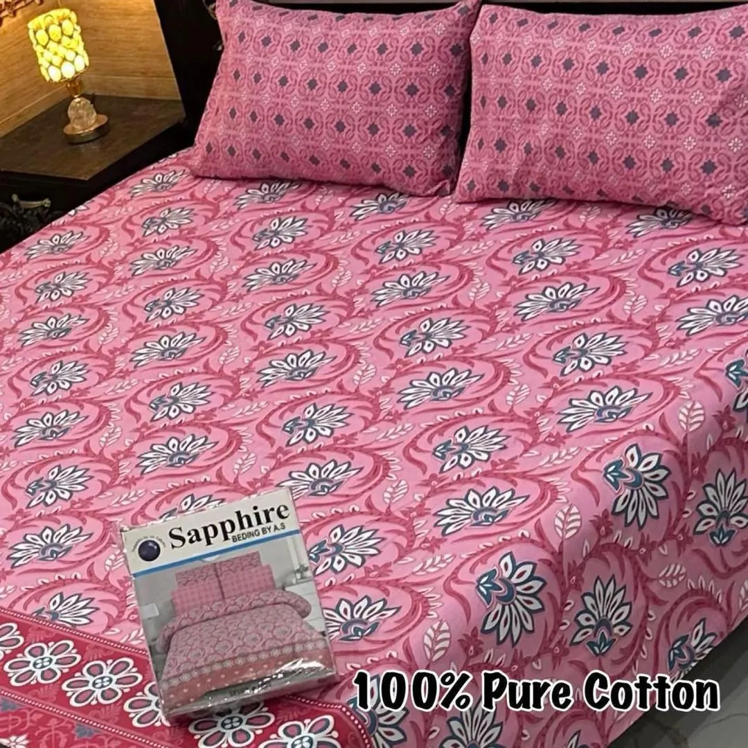 3 Pcs Cotton Printed Double Bedsheet
