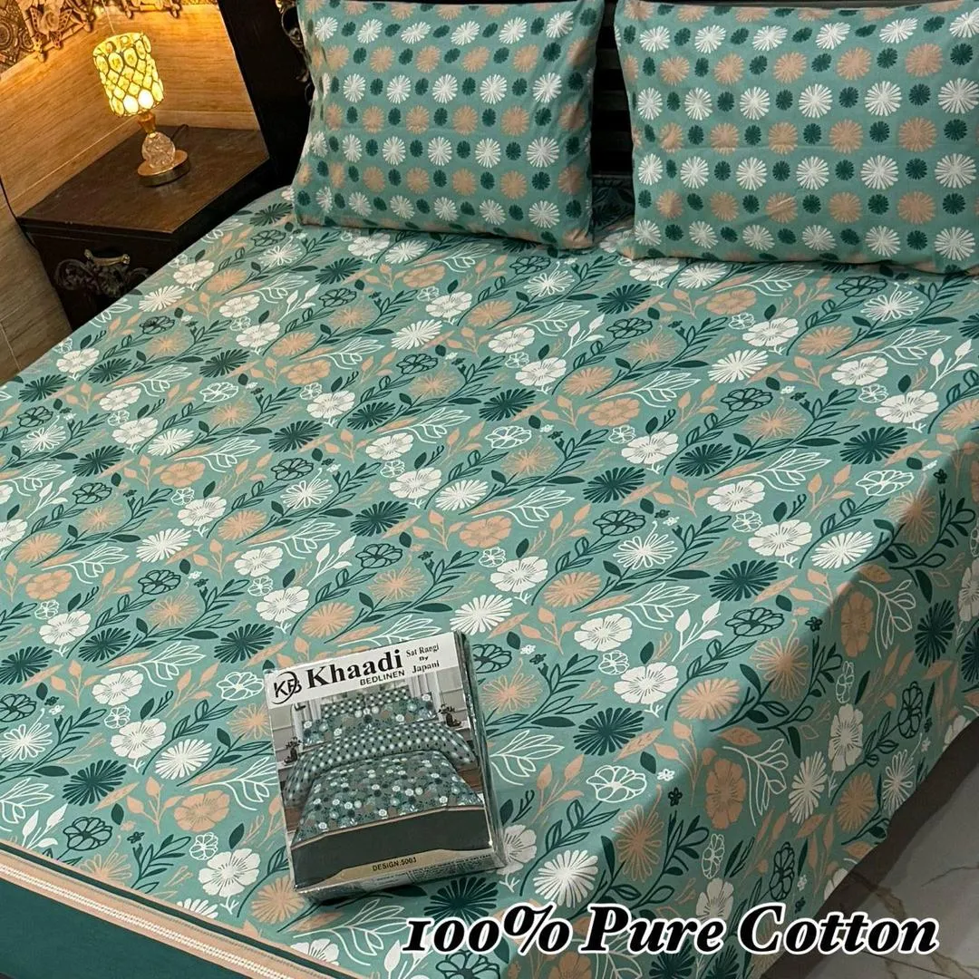 3 Pcs Cotton Printed Double Bedsheet
