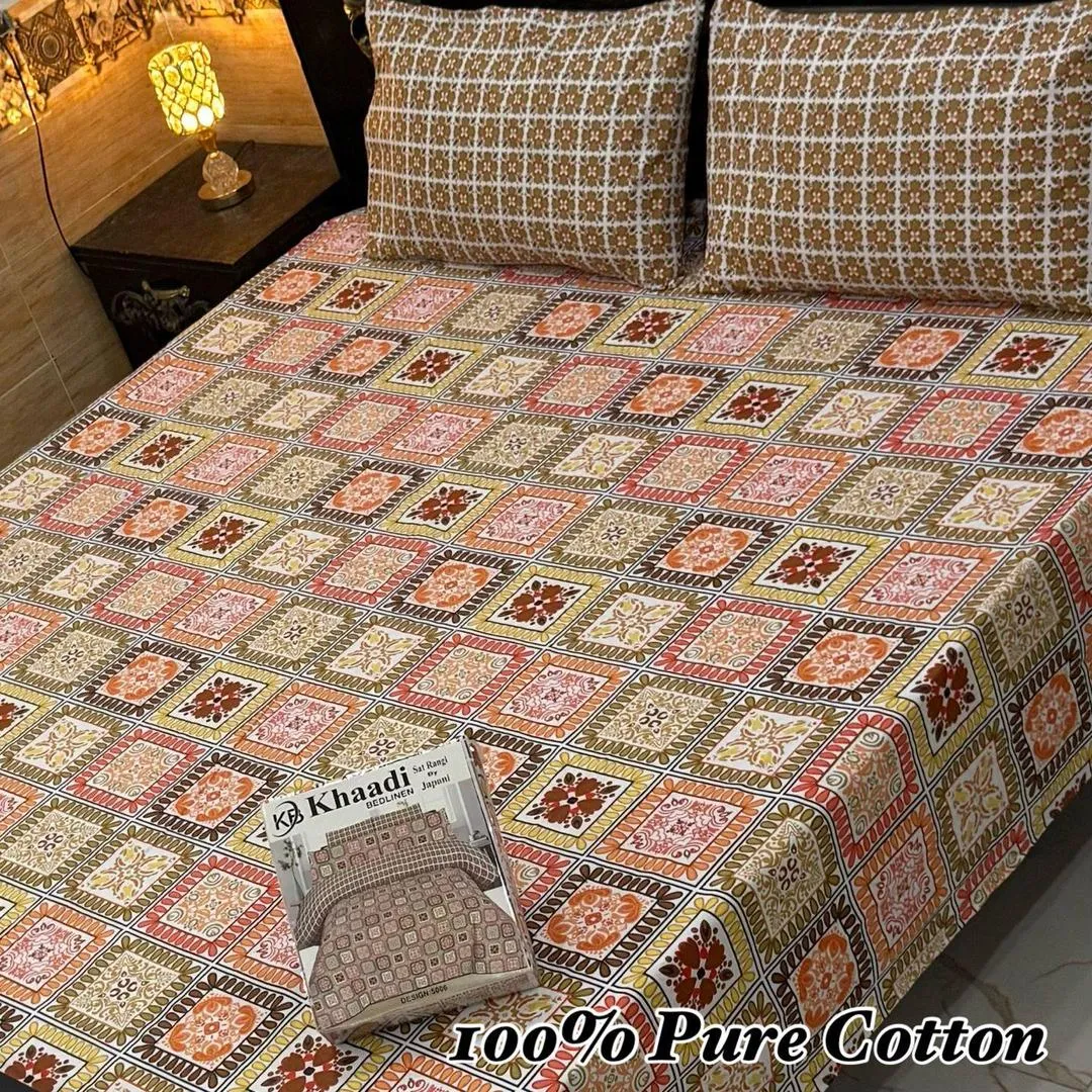 3 Pcs Cotton Printed Double Bedsheet