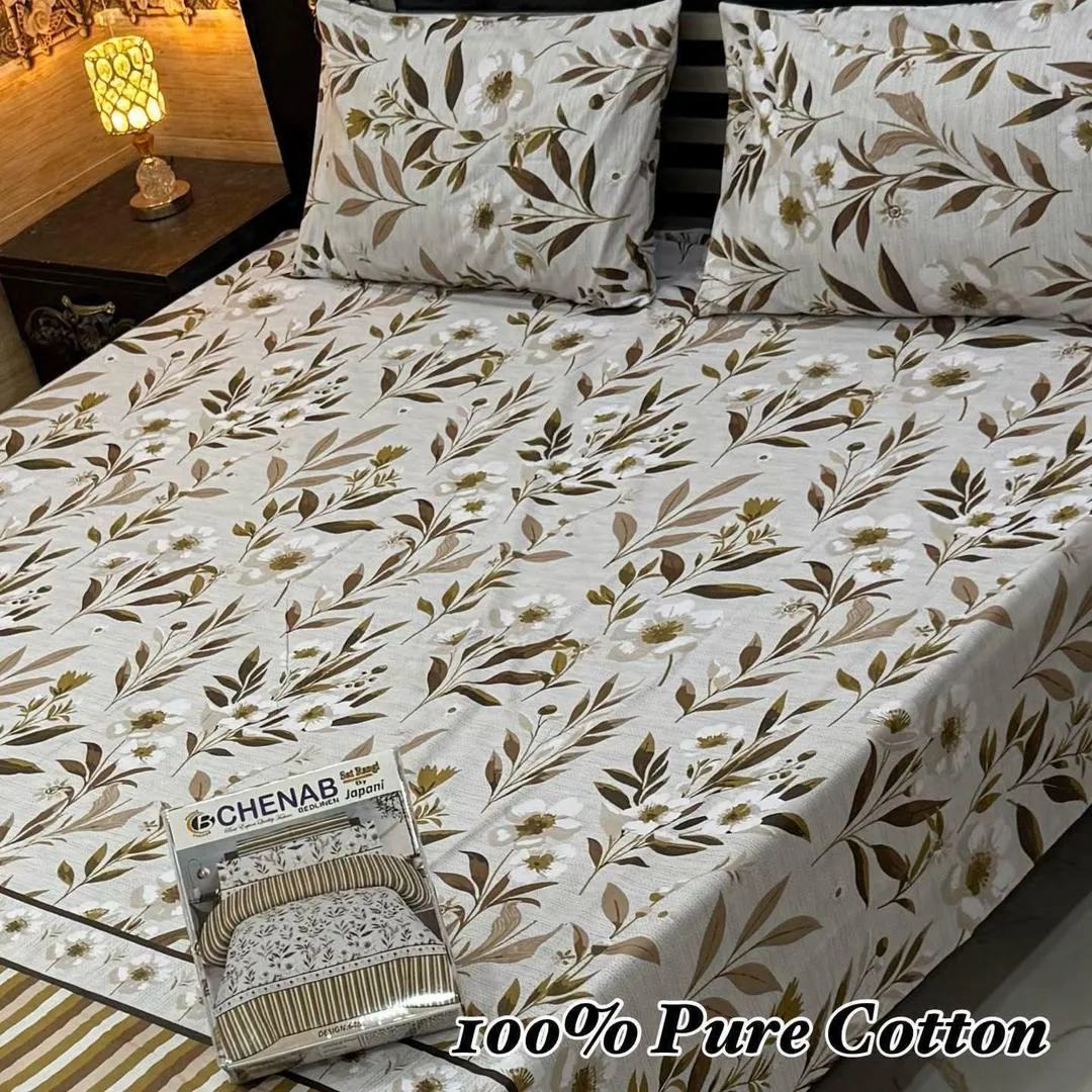 3 Pcs Cotton Printed Double Bedsheet