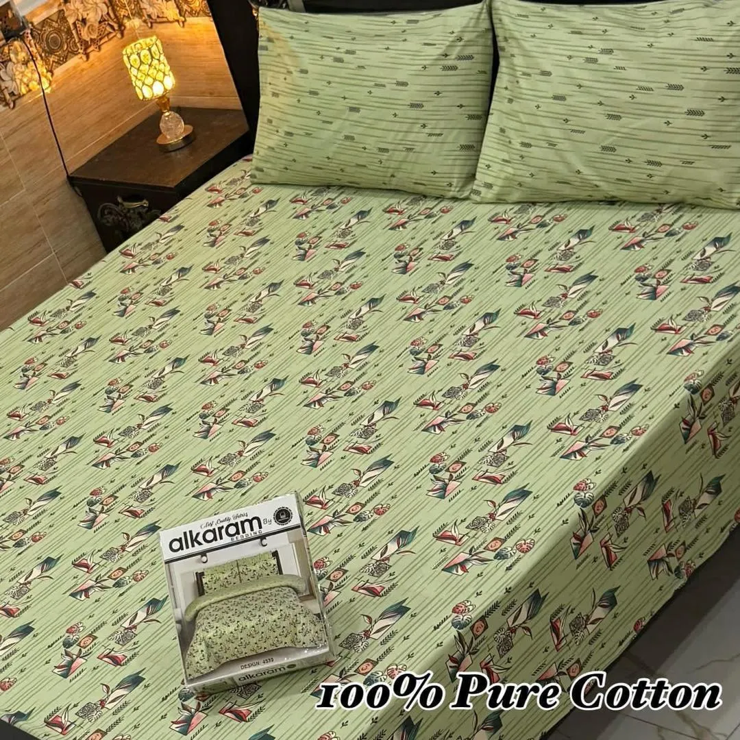 3 Pcs Cotton Printed Double Bedsheet