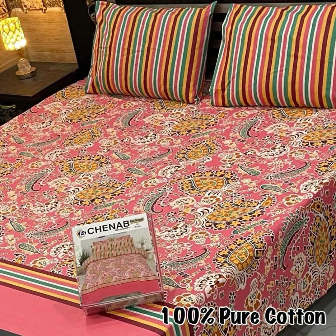3 Pcs Cotton Printed Double Bedsheet