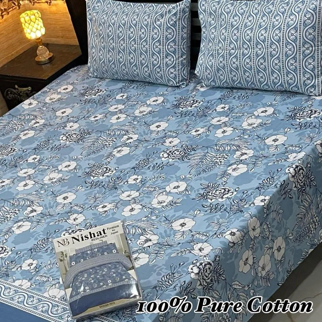 3 Pcs Cotton Printed Double Bedsheet
