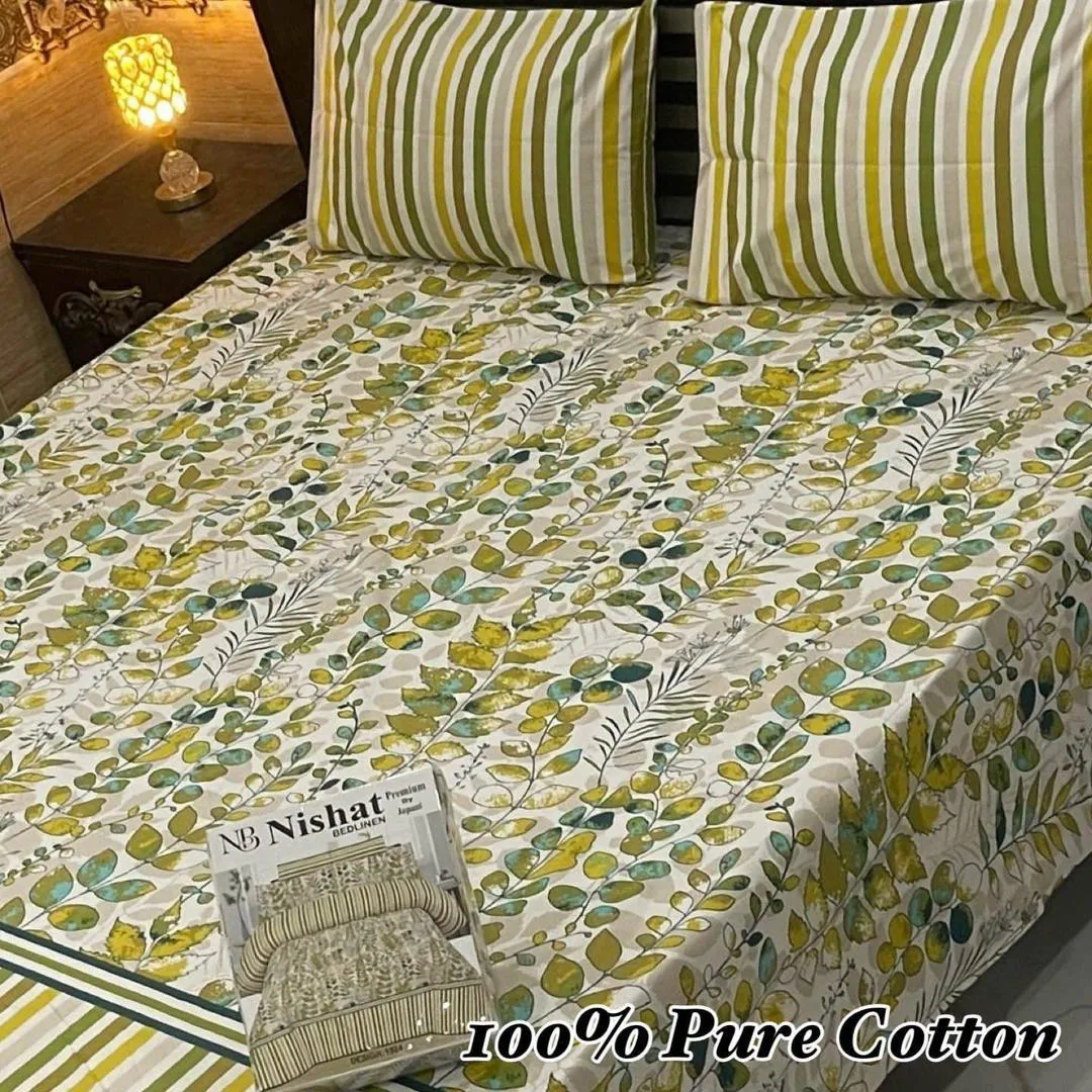 3 Pcs Cotton Printed Double Bedsheet