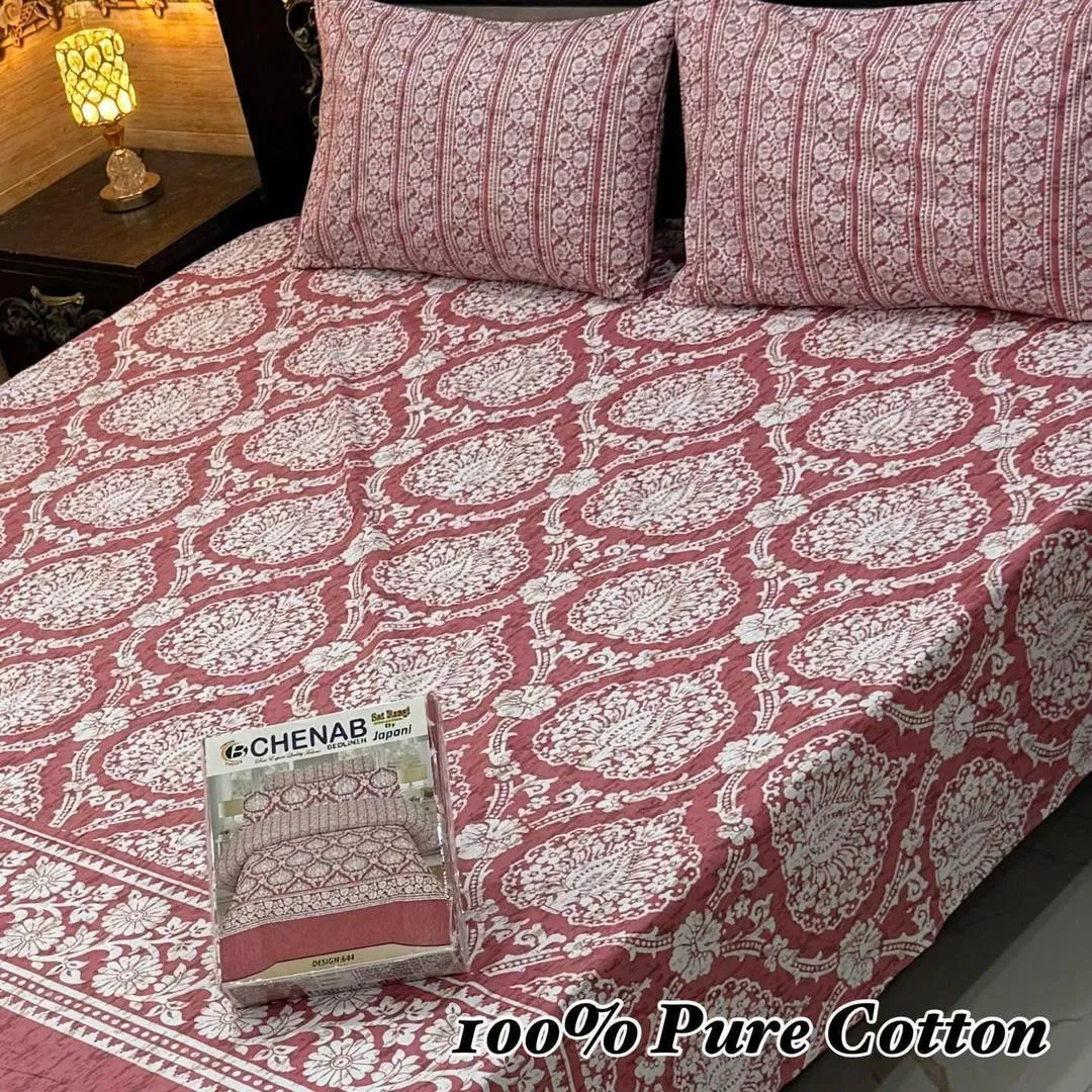 3 Pcs Cotton Printed Double Bedsheet