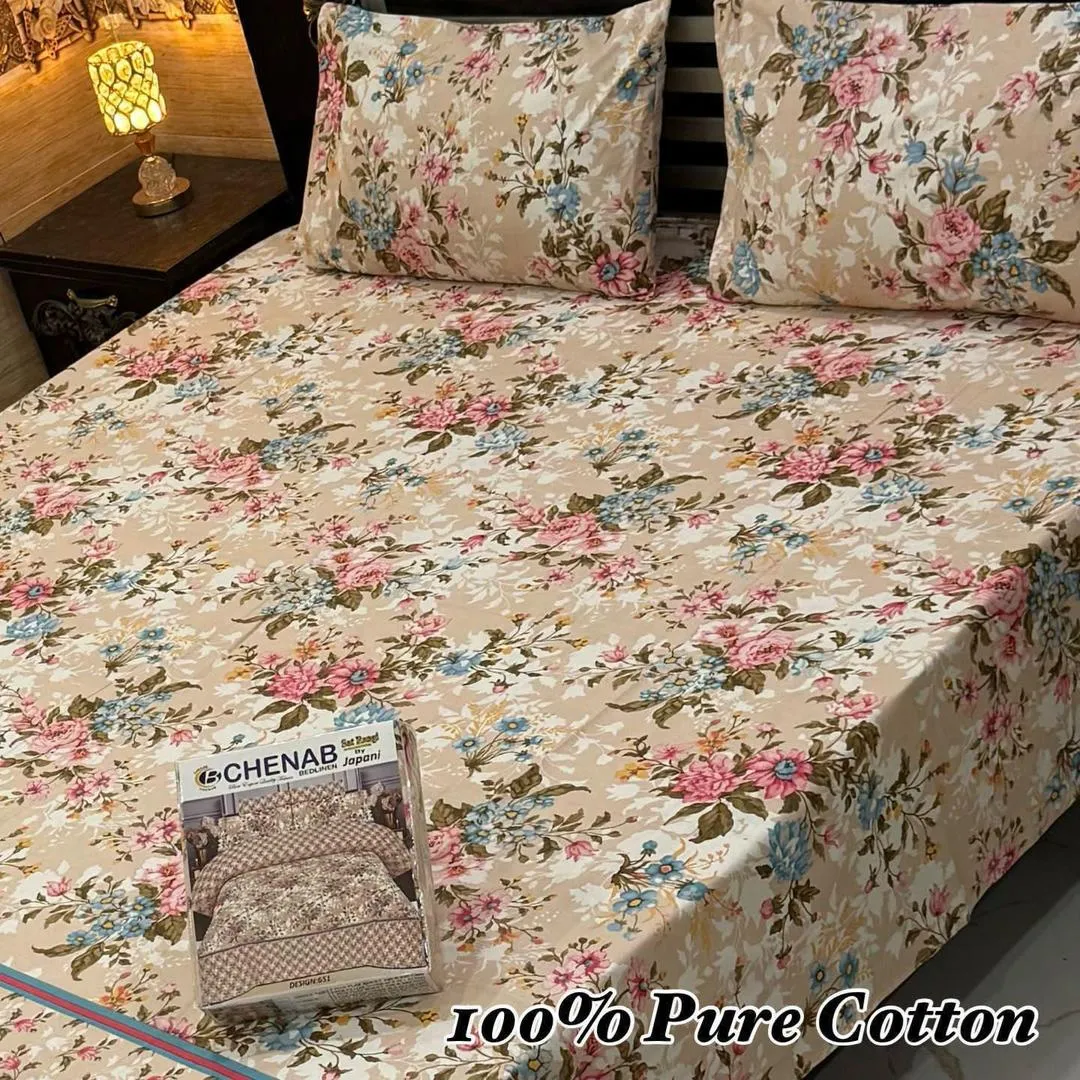 3 Pcs Cotton Printed Double Bedsheet