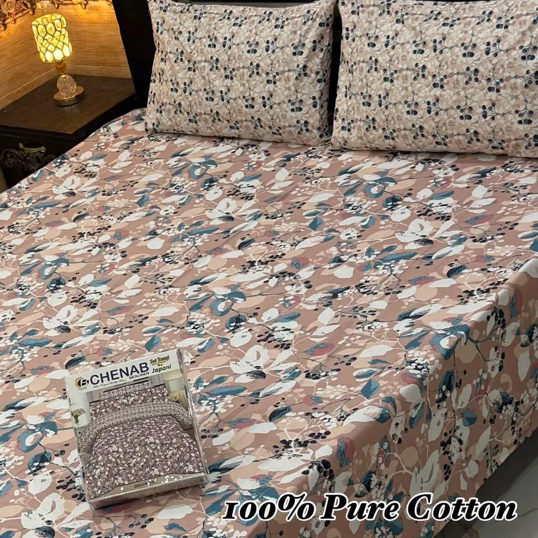 3 Pcs Cotton Printed Double Bedsheet