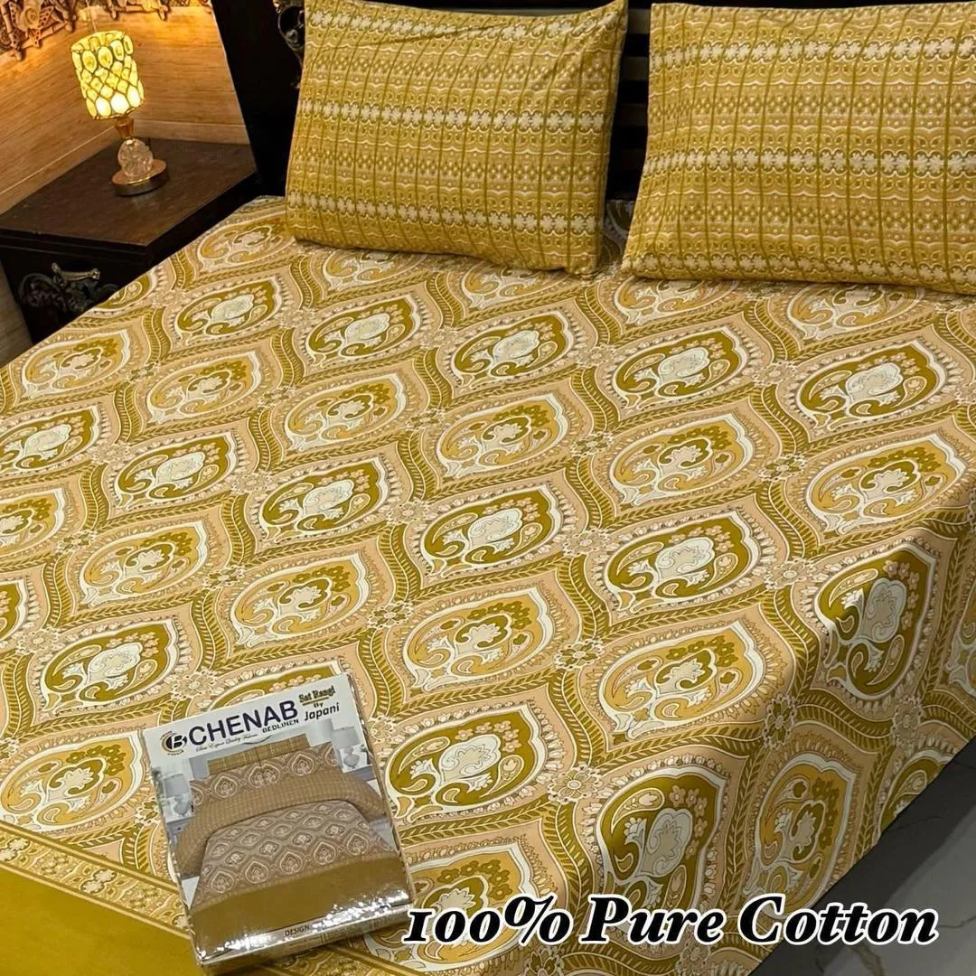 3 Pcs Cotton Printed Double Bedsheet