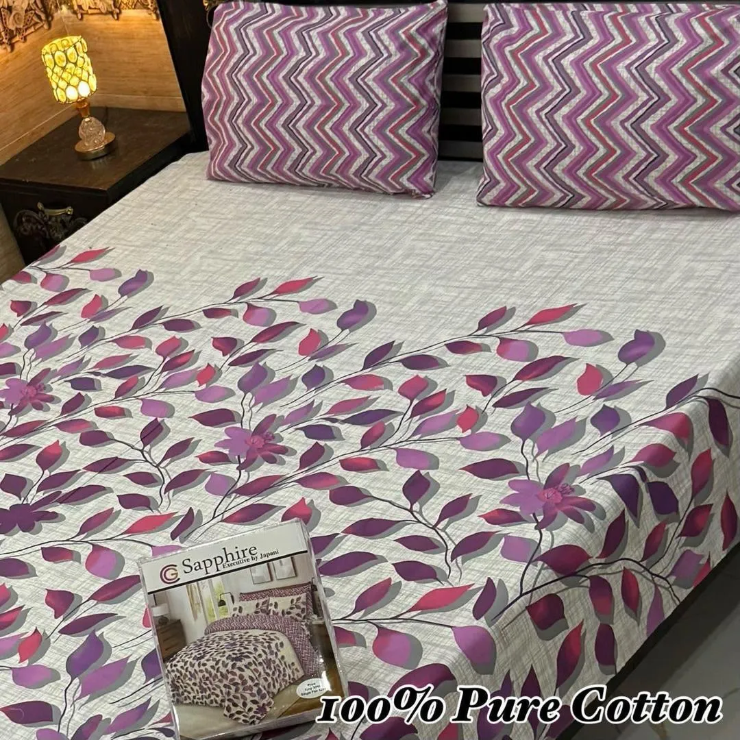 3 Pcs Cotton Printed Double Bedsheet