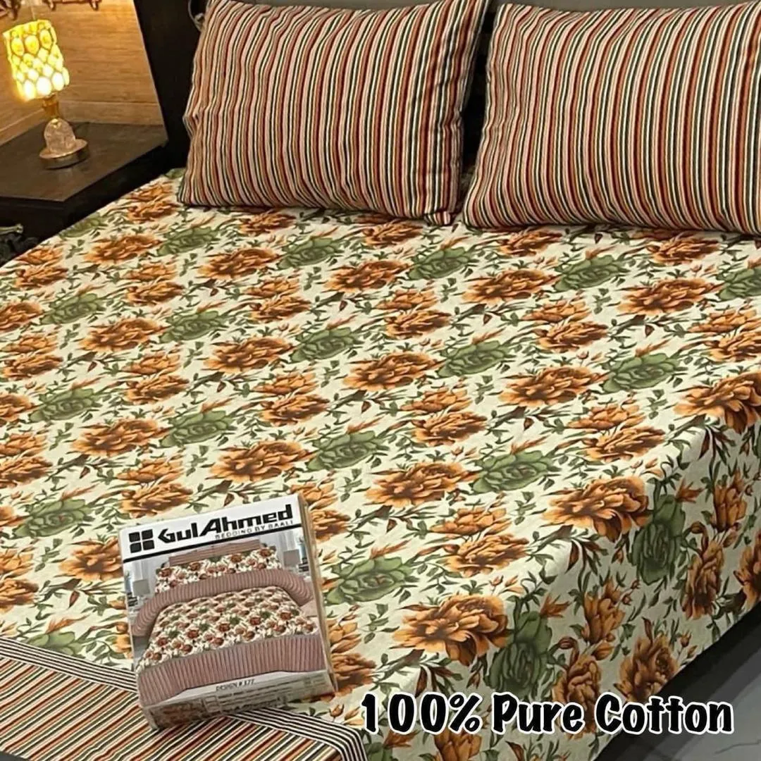 3 Pcs Cotton Printed Double Bedsheet