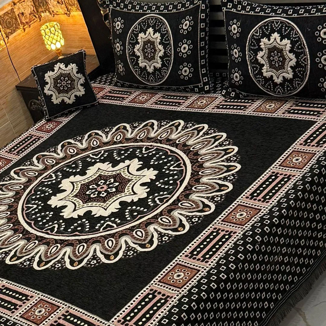 4 Pcs Velvet Jacquard Embroidered Double Bedsheet