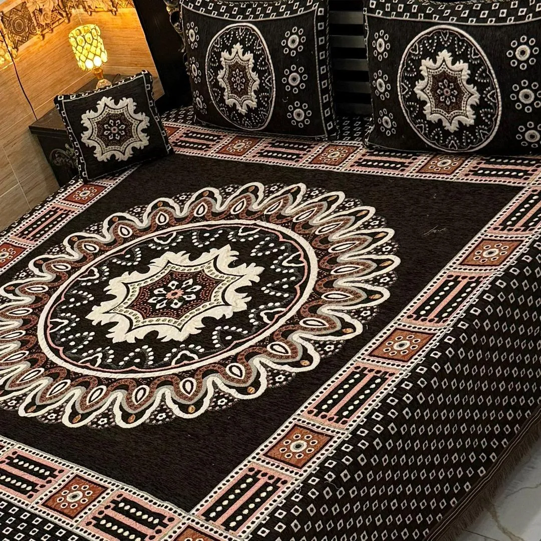 4 Pcs Velvet Jacquard Embroidered Double Bedsheet