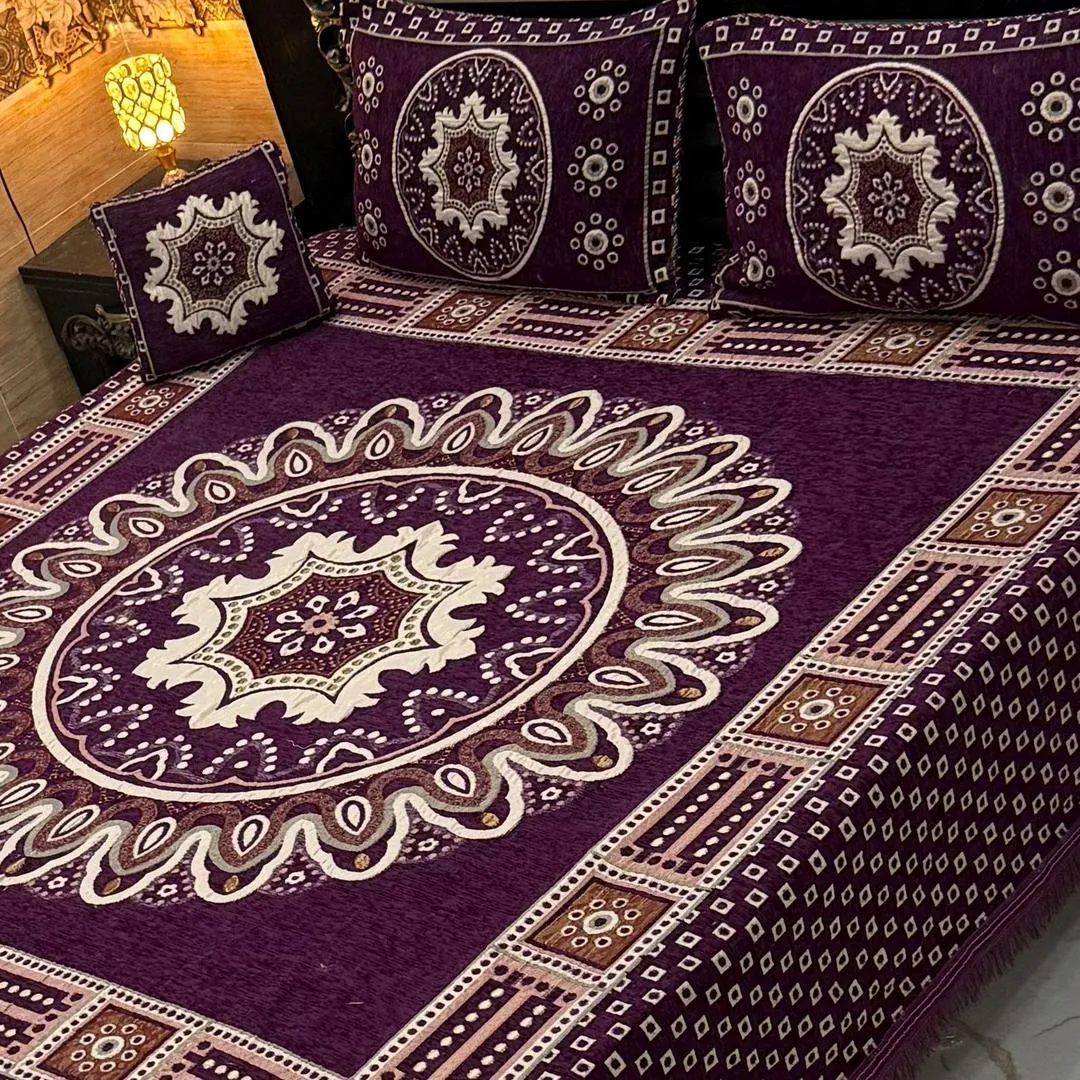 4 Pcs Velvet Jacquard Embroidered Double Bedsheet