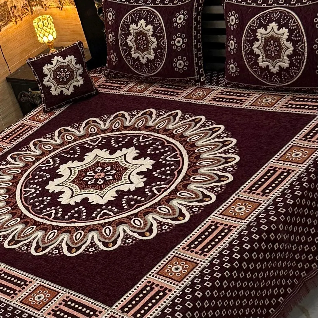 4 Pcs Velvet Jacquard Embroidered Double Bedsheet