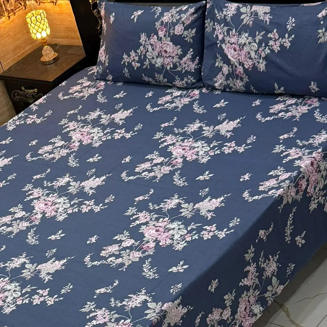 3 Pcs Cotton Printed Double Bedsheet
