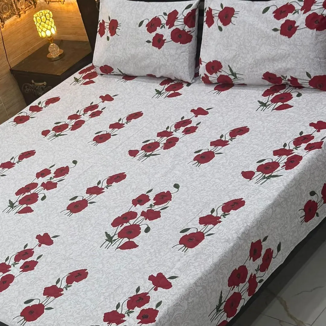 3 Pcs Cotton Printed Double Bedsheet
