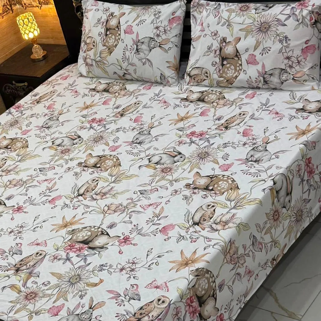 3 Pcs Cotton Printed Double Bedsheet