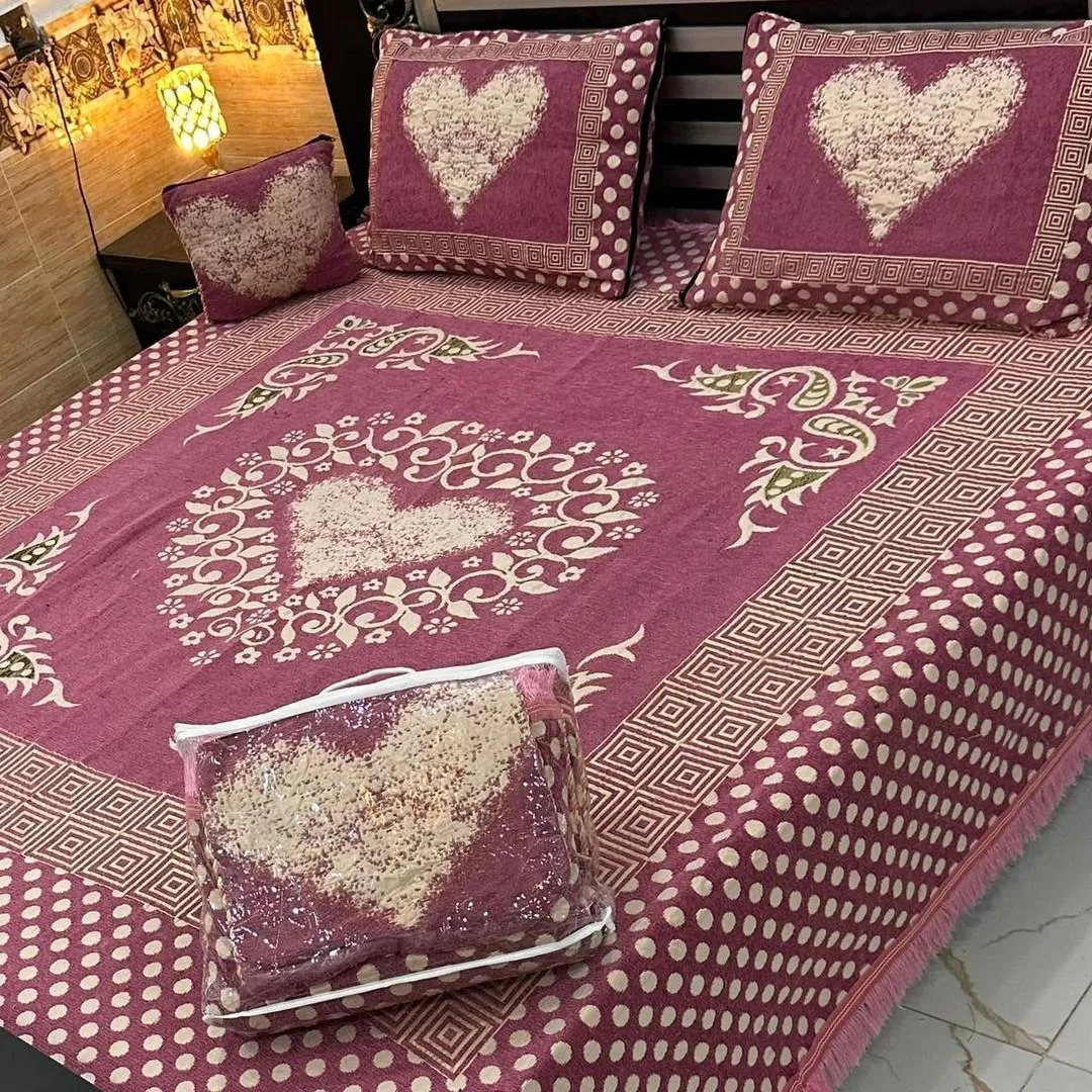 4 Pcs Velvet Jacquard Embroidered Double Bedsheet