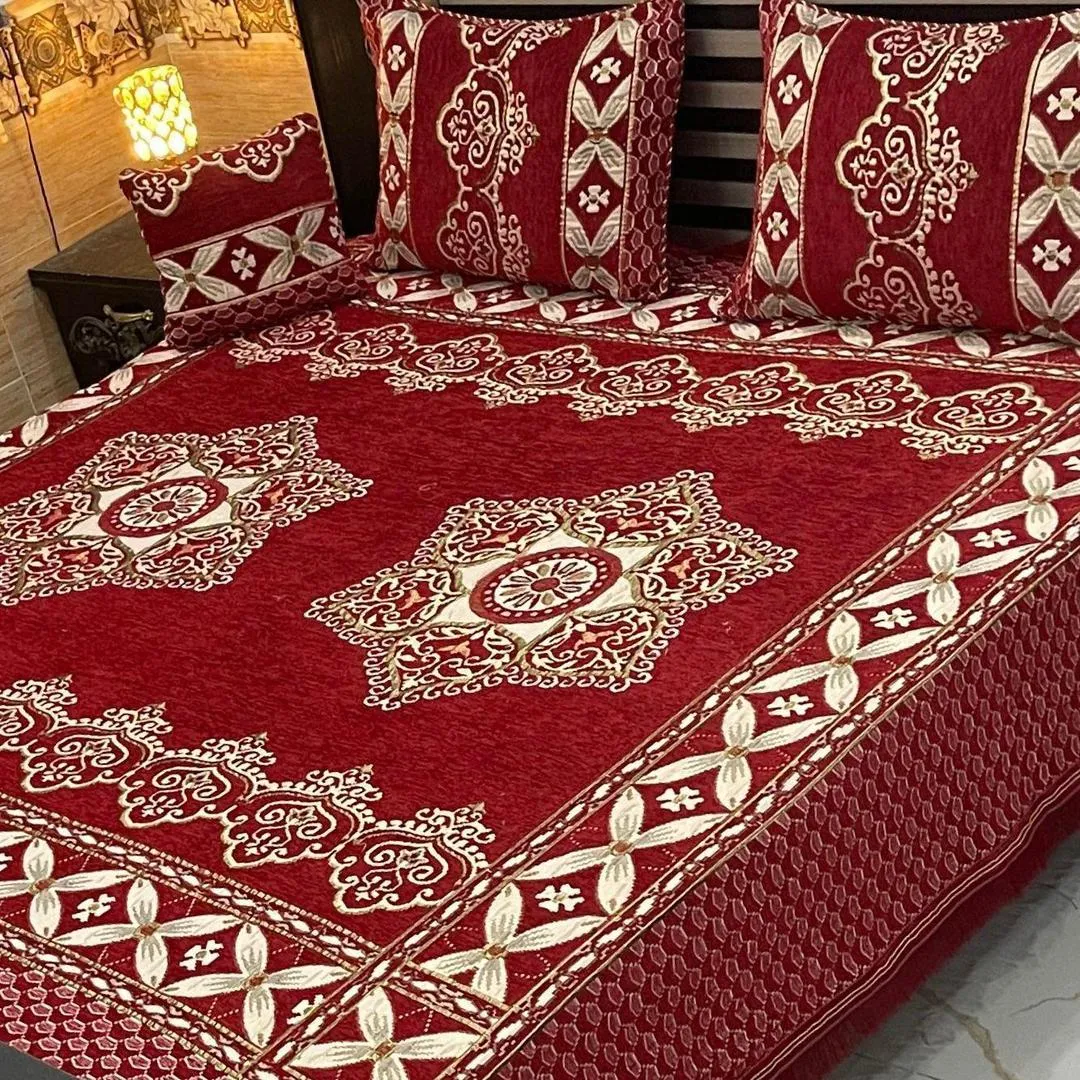 4 Pcs Velvet Jacquard Embroidered Double Bedsheet