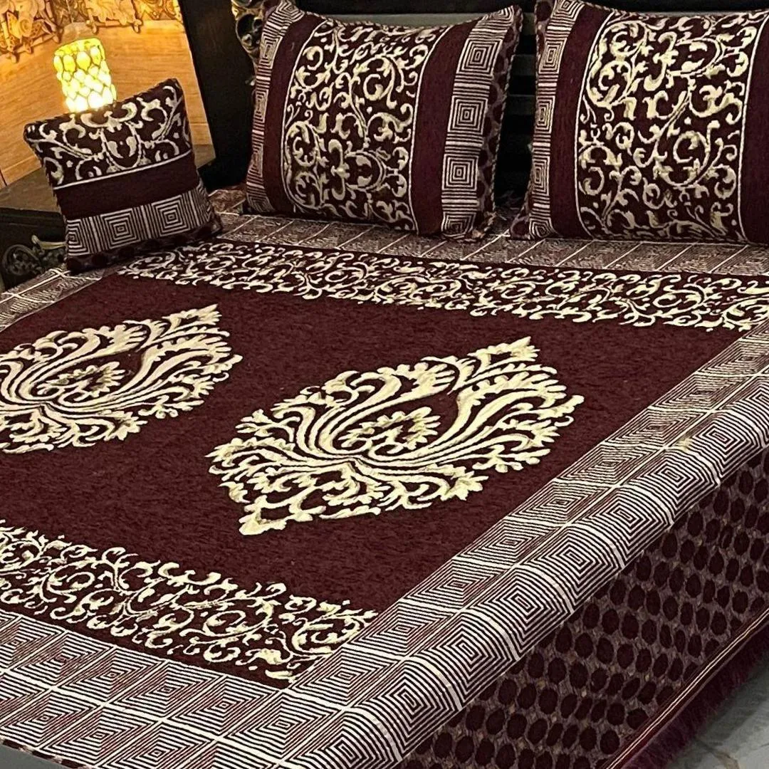 4 Pcs Velvet Jacquard Embroidered Double Bedsheet