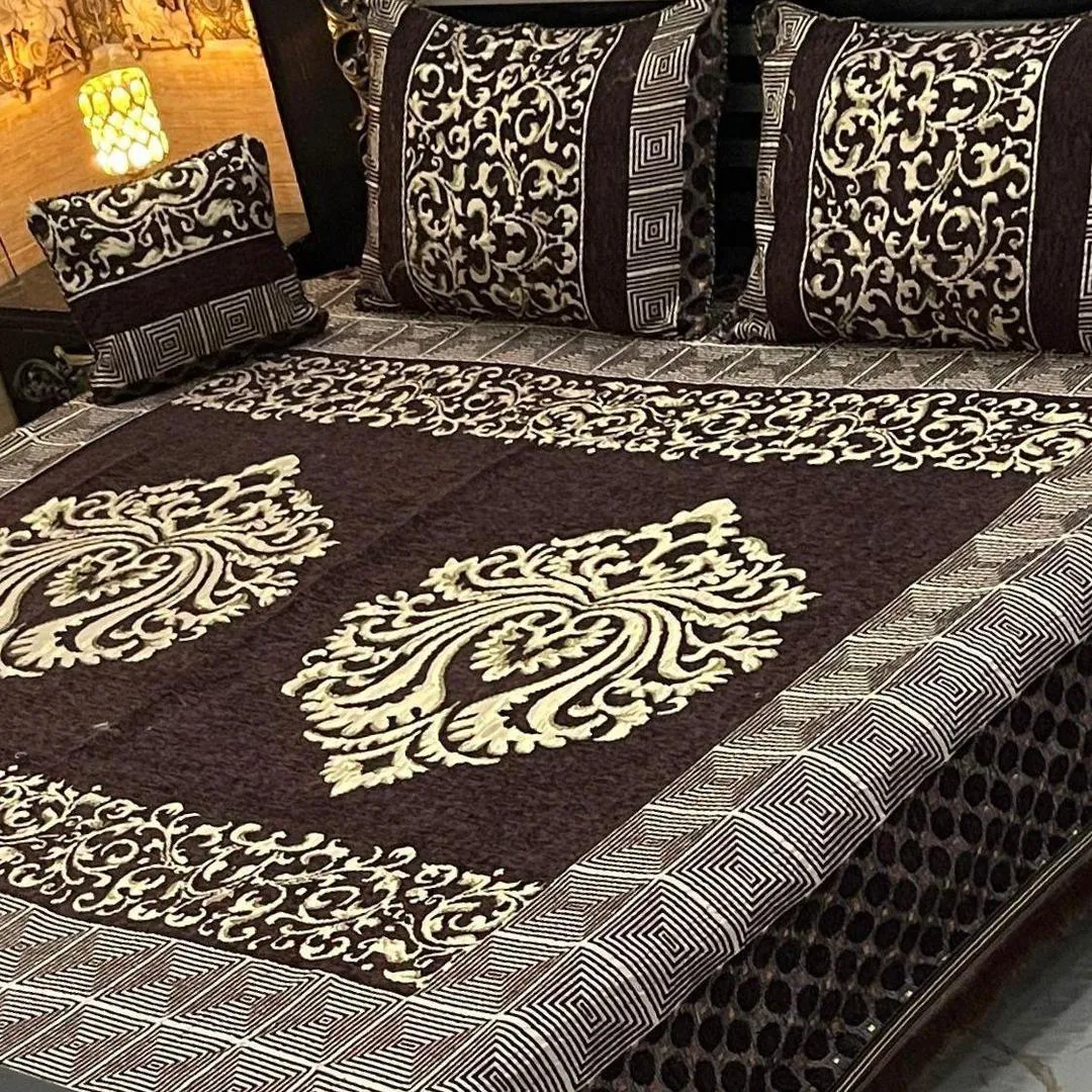 4 Pcs Velvet Jacquard Embroidered Double Bedsheet