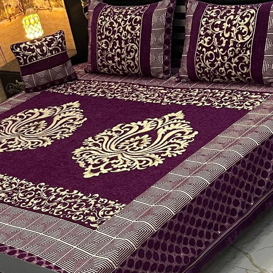 4 Pcs Velvet Jacquard Embroidered Double Bedsheet