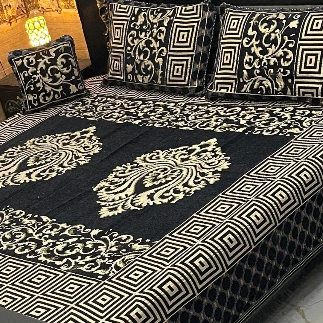 4 Pcs Velvet Jacquard Embroidered Double Bedsheet