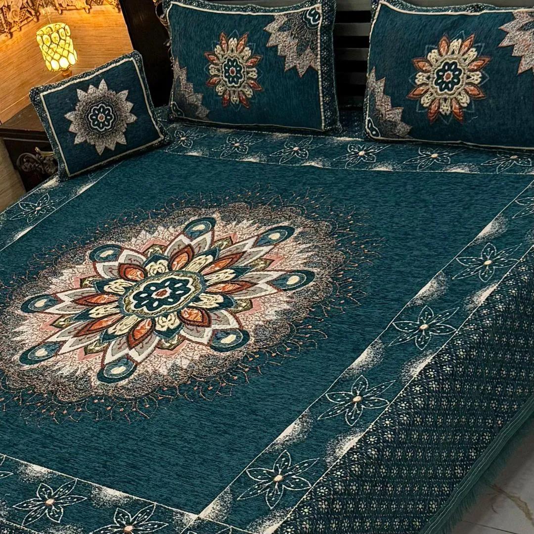 4 Pcs Velvet Jacquard Embroidered Double Bedsheet