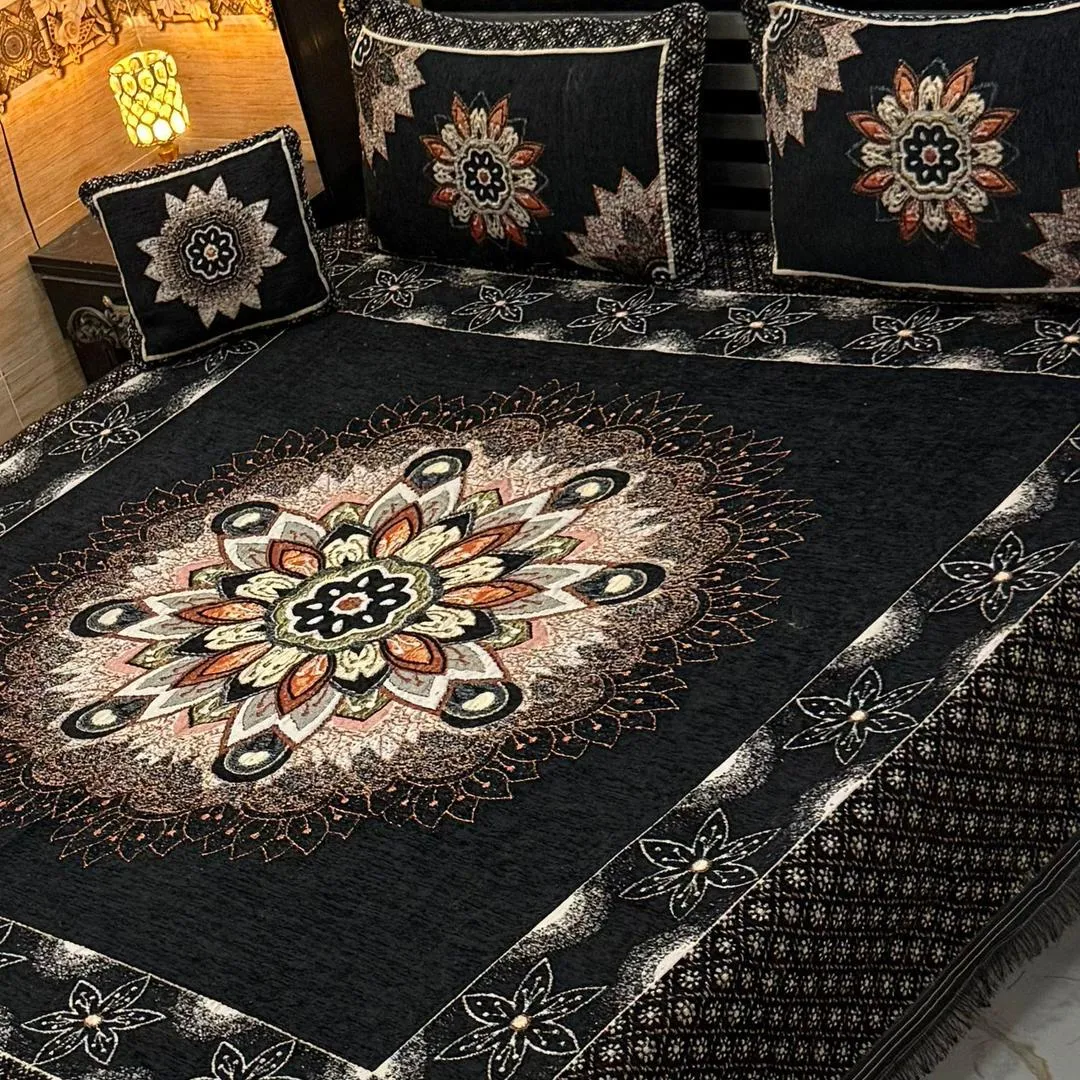 4 Pcs Velvet Jacquard Embroidered Double Bedsheet