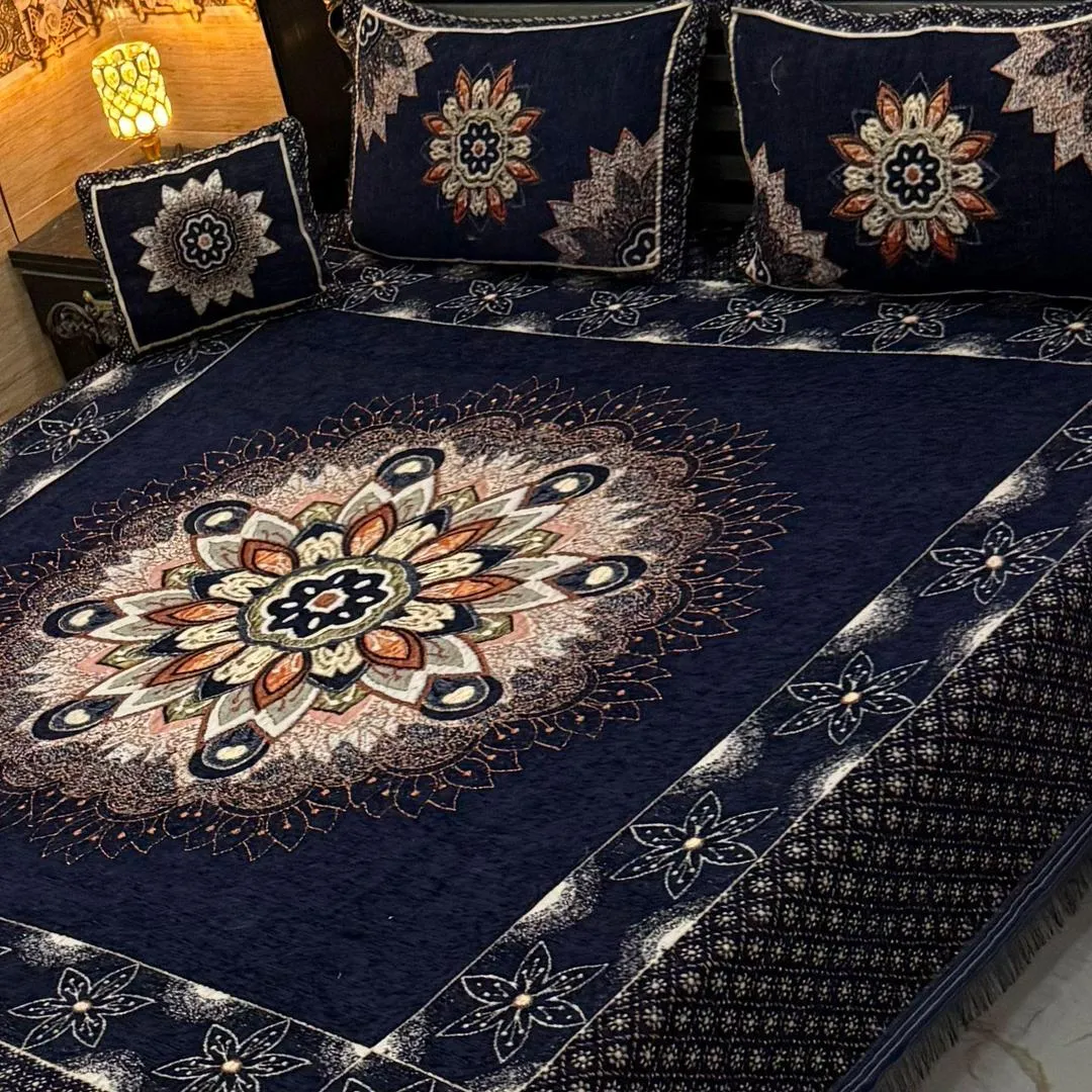 4 Pcs Velvet Jacquard Embroidered Double Bedsheet