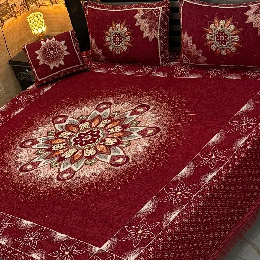 4 Pcs Velvet Jacquard Embroidered Double Bedsheet