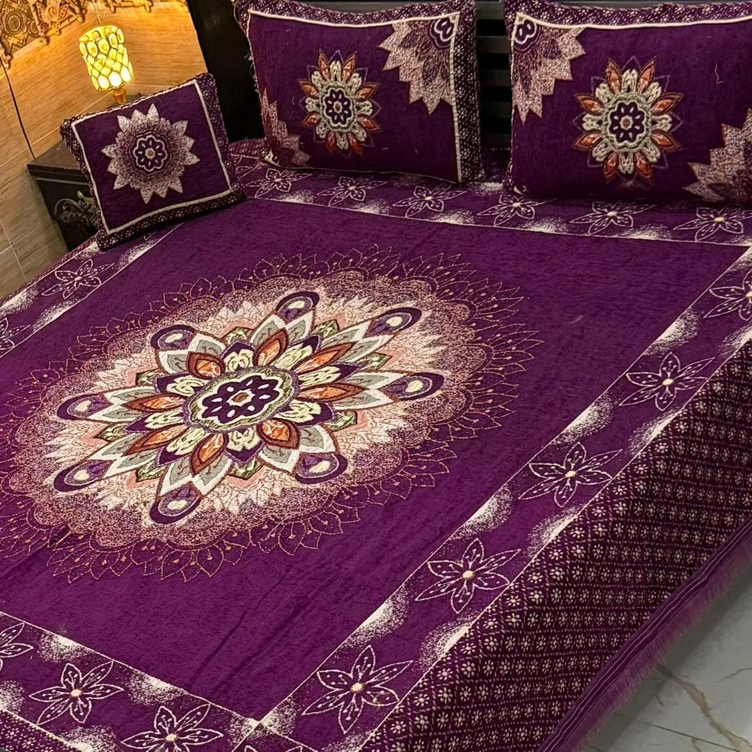 4 Pcs Velvet Jacquard Embroidered Double Bedsheet