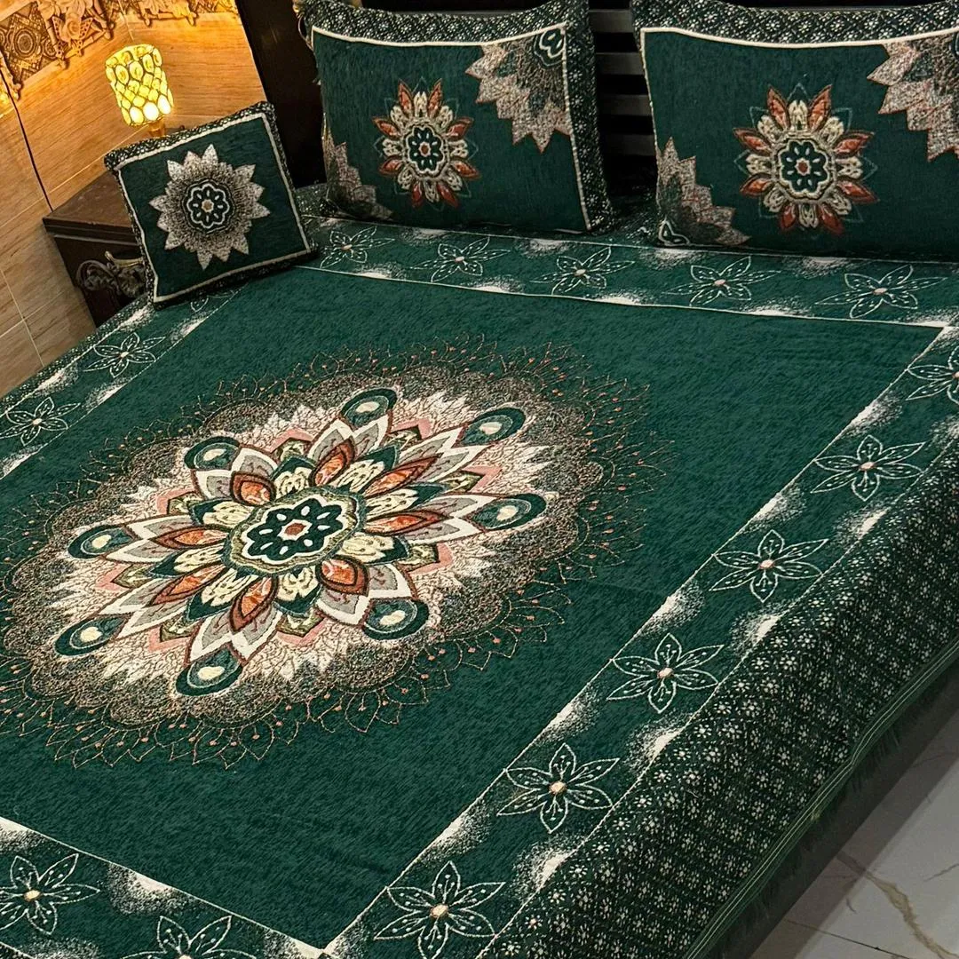 4 Pcs Velvet Jacquard Embroidered Double Bedsheet