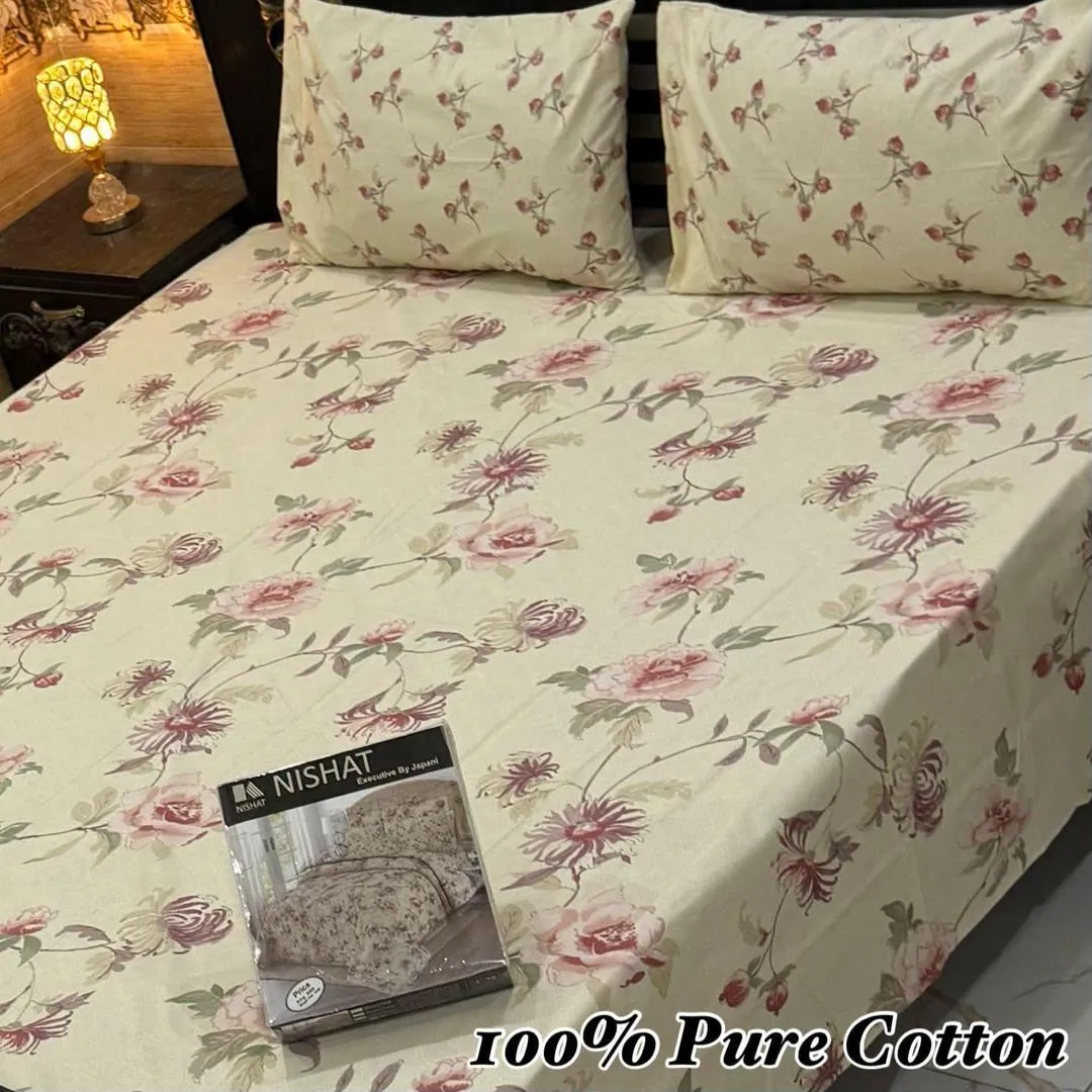 3 Pcs Cotton Printed Double Bedsheet