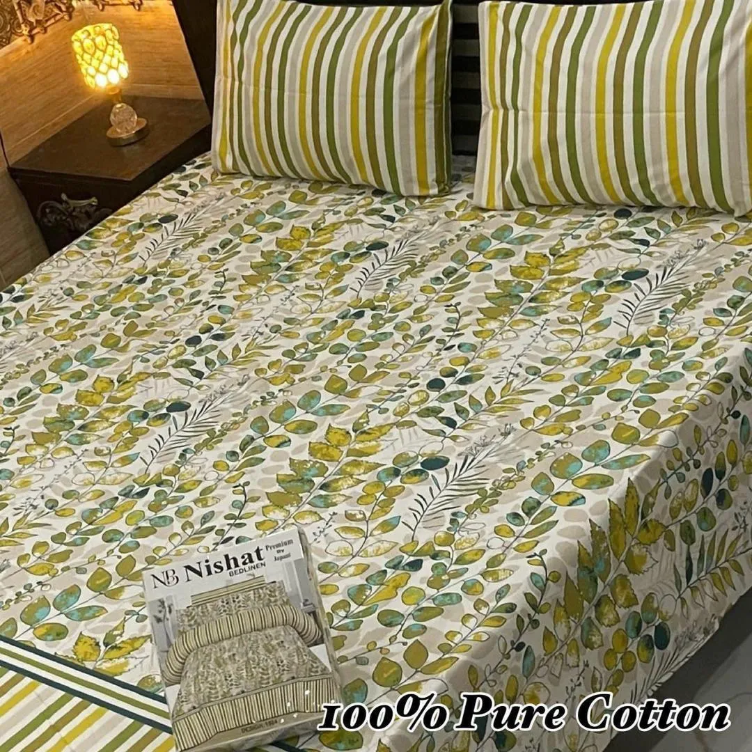 3 Pcs Cotton Printed Double Bedsheet