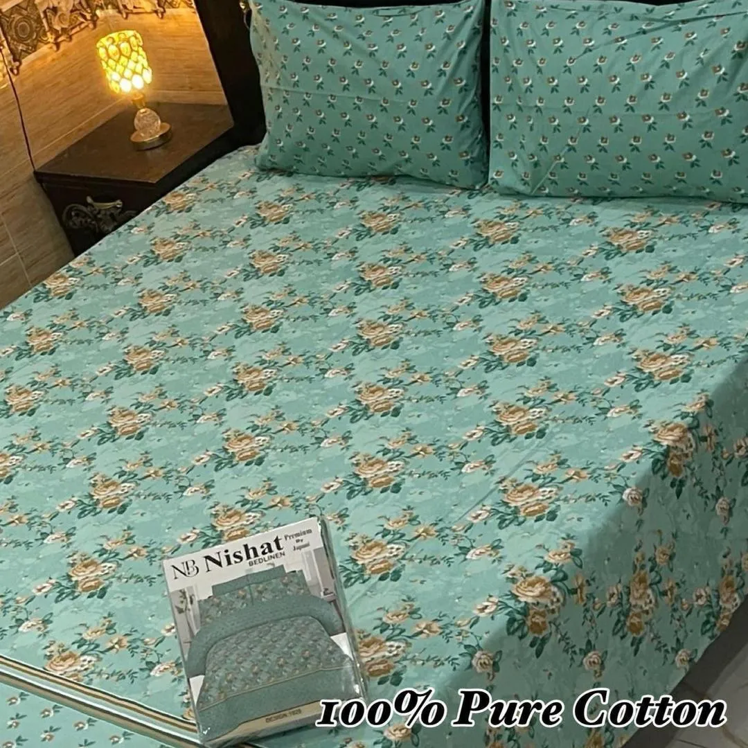 3 Pcs Cotton Printed Double Bedsheet