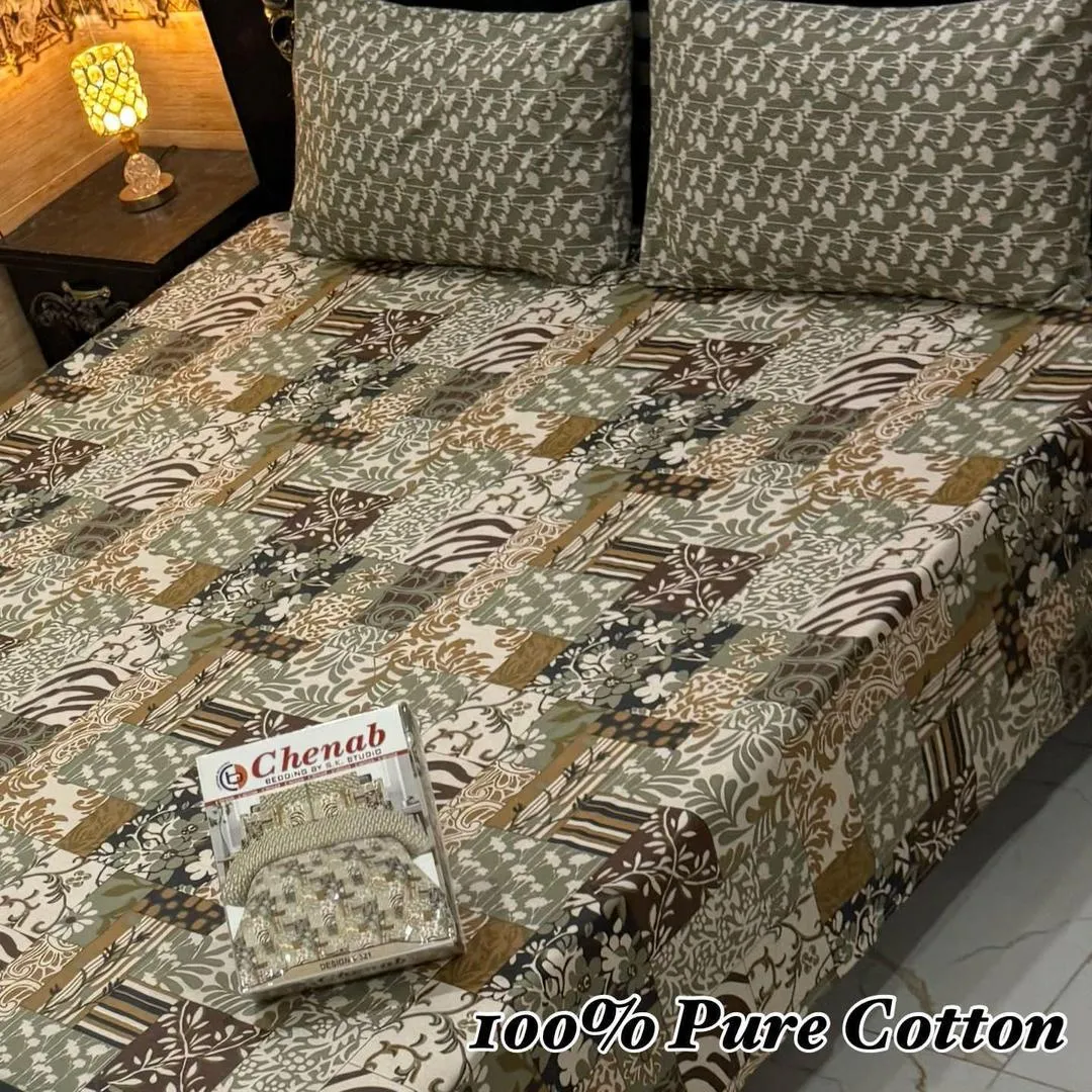 3 Pcs Cotton Printed Double Bedsheet