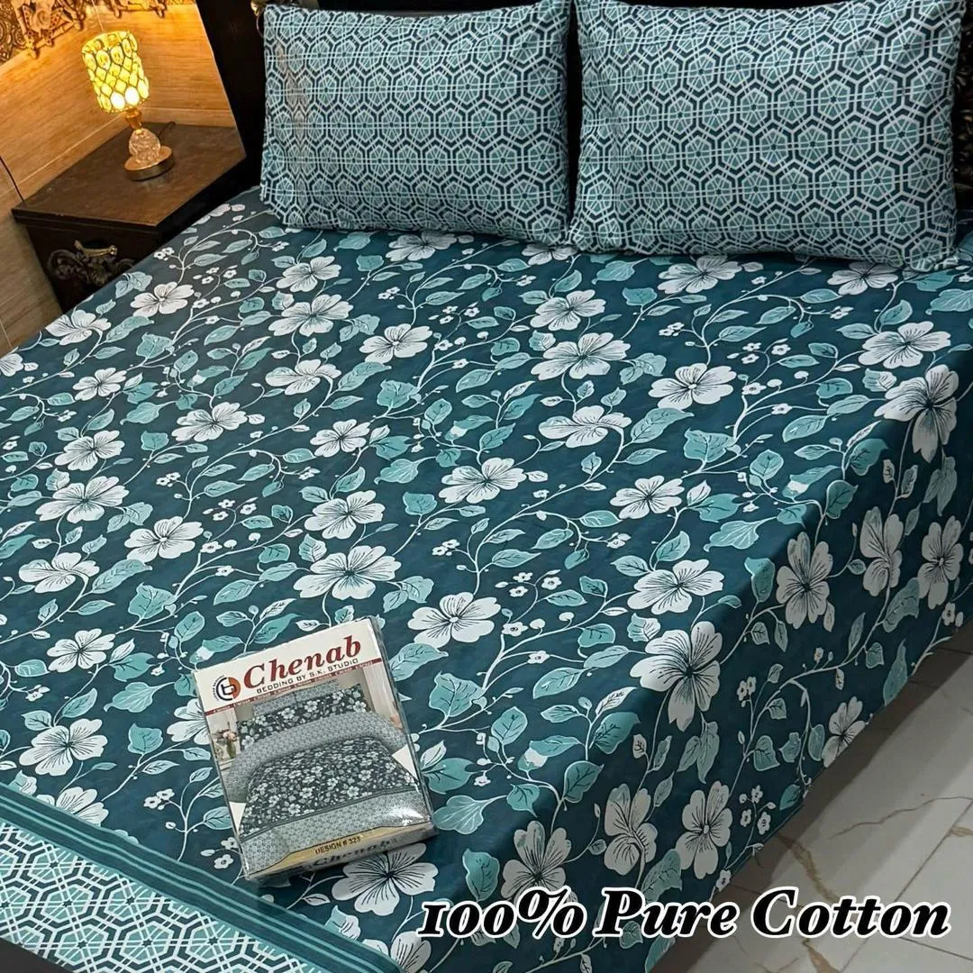 3 Pcs Cotton Printed Double Bedsheet