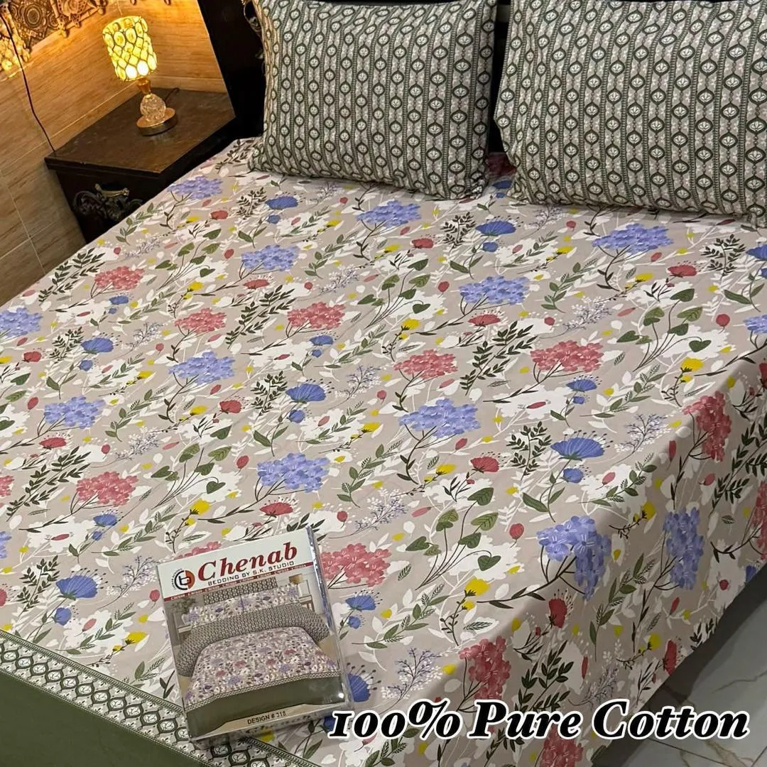 3 Pcs Cotton Printed Double Bedsheet