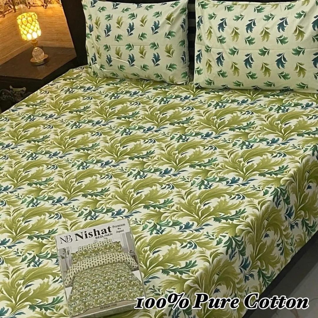 3 Pcs Cotton Printed Double Bedsheet